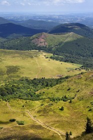 France, Puy de Dome, Parc Naturel Régional des Volcans d'Auvergne (regional nature park of Auvergne volcanoes), the northern part of the Chaine des Puys listed as World heritage by UNESCO, the path leading to the Traversin and the Puy Pariou crater