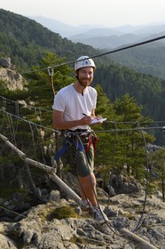 France, Corse du Sud, Alta Rocca, massif of Bavella, Via ferrata of the adventure park Corsica Madness