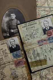 France, Bas Rhin, Schirmeck, chemin des passeurs (path used by border escorts) of Donon on the trail of escape connection of Rehtal, legal and fake identity cards of border escort Hubert Ledig