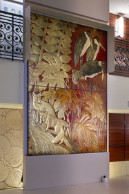 France, Loire Atlantique, Saint Nazaire, Escal'Atlantic in the former German submarine base brings the world of transatlantics back to life, The Hunt (detail) Marabouts and Foxes, set of four lacquer panels by the lacquerer Jean Dunand, installed in the 1st class smoking lounge of the ocean liner Normandie in 1935