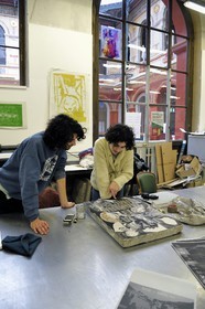 France, Paris, Saint Germain des Pres district, Ecole nationale superieure des Beaux-Arts (Fine Arts school), printing-multiple department in the Palais des Etudes (Palace of Studies), students in front of a lithography stone