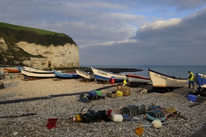 France, Seine-Maritime, Cote d'Albatre, Yport, grounding port on the beach, fishing boats