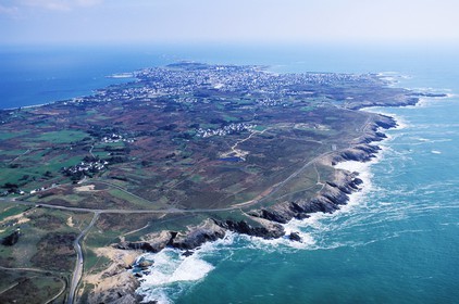 France, Morbihan, Quiberon peninsula, the wild coast and Quiberon village (aerial view)