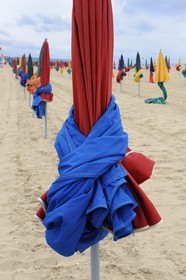 France, Calvados, Pays d'Auge, Deauville, the beach and its multicolored parasols