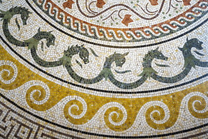 France, Alpes-Maritimes, Beaulieu-sur-Mer, neo-Greek style villa Kerylos build in 1908 by architect Emmanuel Pontremoli, mosaics with ancient Greek motifs (detail)