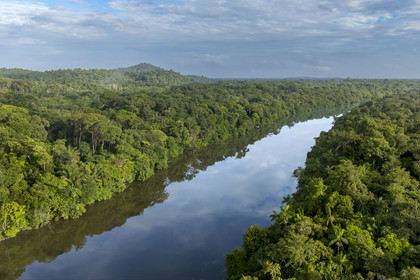 France, French Guiana, Kourou, Camp Maripas, the Kourou River flowing through the rainforest and Monkey Mountain (161 meters altitude) in the background (aerial view)