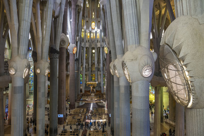 Espagne, Catalogne, Barcelone, quartier de l'Eixample, basilique de la Sagrada Familia de l'architecte du modernisme catalan Antoni Gaudi classée Patrimoine Mondial de l'UNESCO, vue de la nef depuis la facade de la Gloire