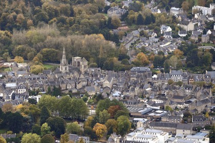 France, Cotes-d'Armor, Guingamp, the city center and the Notre Dame de Bon Secours basilica (aerial view)