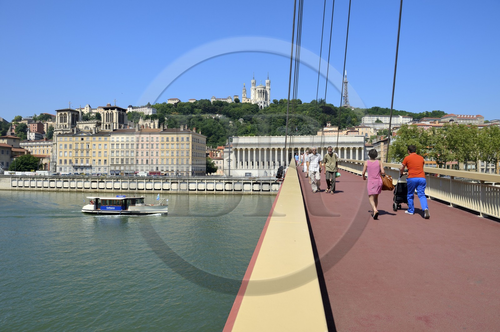 France, Rhone, Lyon, historical site listed as World Heritage by UNESCO, Vieux Lyon (Old Town), footbridge on the Saone river leading to the courthouse and the Notre Dame de Fourviere in the background France, Rhone, Lyon, historical site listed as World Heritage by UNESCO, Vieux Lyon (Old Town), footbridge on the Saone river leading to the courthouse and the Notre Dame de Fourviere in the background
