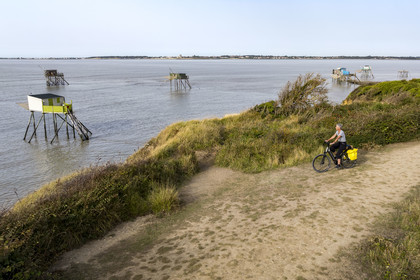 France, Charente Maritime, Port des Barques, Ile Madame, huts on stilts called carrelets and cyclist on a hike (aerial view)
