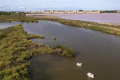 France, Gard (30), Aigues-Mortes, la ville médiévale entourée par ses remparts en bordure des marais salants (Salins du Midi) (vue aérienne)
