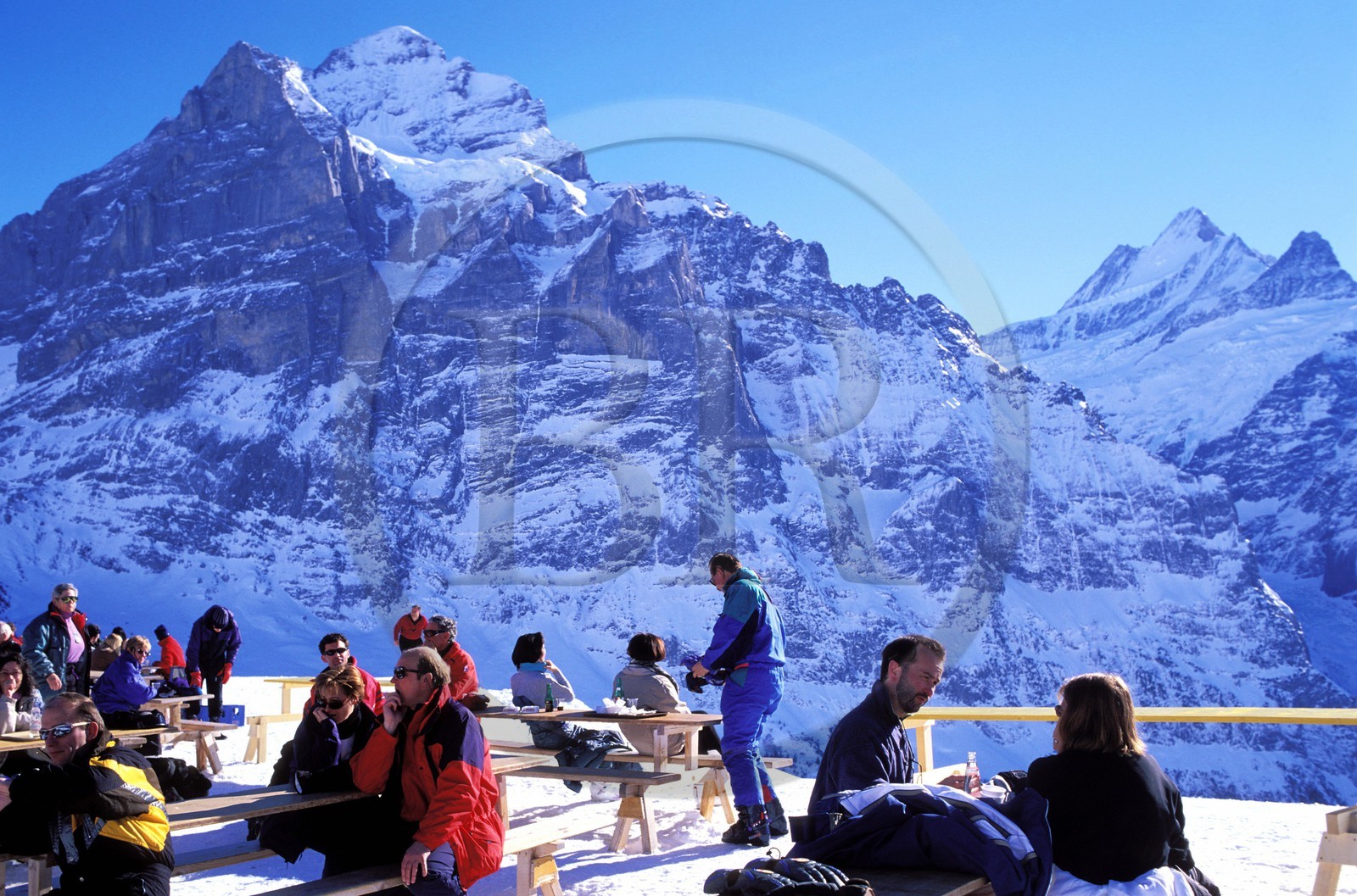 Switzerland, Bern Region (Bernese Oberland), Grindelwald, outside restaurant in the mountain