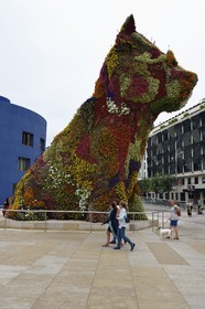 Espagne, Pays basque espagnol, Biscaye, Bilbao, sculpture de plus de 12 mètres de haut de l'artiste américain Jeff Koons intitulée Puppy sur le parvis du musée Guggenheim de l'architecte Frank Gehry