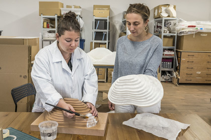 France, Gard (30), Bagard, l'Atelier Sericyne, production de soie d'exception et intissée pour la réalisation d'objets de décoration et d'art de vivre en soie, mise en place d'une pièce de fils de soie sur un moule avec une application au pinceau et à l'eau, Hélène Gauthier chargée de confection et la fondatrice Clara Hardy à droite