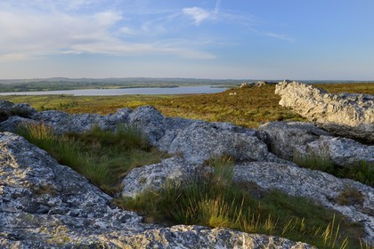 France, Finistère (29), parc naturel régional d'Armorique, Monts d'Arrée, rocher des exorcismes druidiques du marais du Yeun-Elez menant au Youdig (une des portes de l'enfer) surplombant le réservoir de Saint-Michel