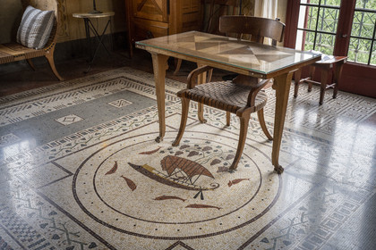 France, Alpes-Maritimes, Beaulieu-sur-Mer, neo-Greek style villa Kerylos build in 1908 by architect Emmanuel Pontremoli, bedroom of Théodore Reinach, traditional three-legged table