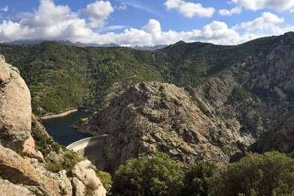 France, Corse du Sud, Prunelli river valley, Tolla, the reservoir lake and the Prunelli gorges dam