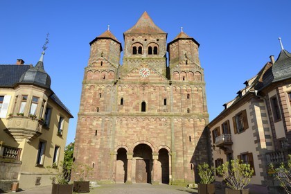 France, Bas Rhin, Marmoutier, Roman abbey church dated 6th century, western Facade in red sandstone from Vosges Mountains