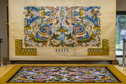 France, Herault, Lodève, Manufacture de la Savonnerie (Savonnerie manufactory) unique annex of the National Carpet Factory of the Savonnerie des Gobelins in Paris, Carpet in the classic style Louis XIV after a model by Charles Lebrun, Mobilier National collections
