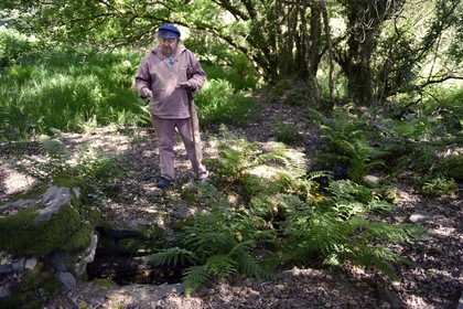 France, Finistere, Parc Naturel Regional d'Armorique (Armorica Regional Natural Park), Monts d'Arree, Brasparts, the story teller Claude Le Lann explains local mythology, energetic phenomenons and telluric power of some places, such as a druidic source here