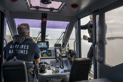 France, Finistère, Iroise Sea, Molene Island, Fréderic Le Meil patrols aboard the Brest maritime affairs fast boat