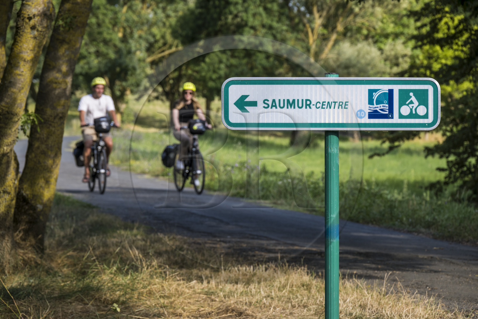 France, Maine-et-Loire (49), vallée de la Loire classée au Patrimoine Mondial par l'UNESCO, Saumur, randonnée à bicyclette sur les berges de la Loire, panneau de signalisation de La Loire à Vélo France, Maine-et-Loire (49), vallée de la Loire classée au Patrimoine Mondial par l'UNESCO, Saumur, randonnée à bicyclette sur les berges de la Loire, panneau de signalisation de La Loire à Vélo