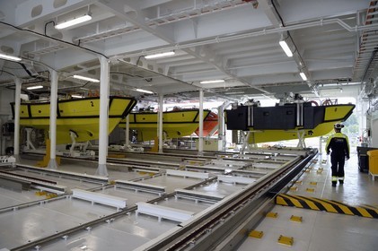 Norway, Ostfold County, Halden, Nexans Aurora cable-laying vessel, the hold that automatically manages the work boats