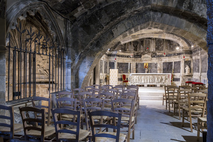 France, Bouches du Rhone, Tarascon, the royal collegiate church of Sainte-Marthe built in the 11th and 12th centuries, the crypt, remodeled in the 17th century, houses  the paleochristian sarcophagus in white marble (from the beginning of the 4th century) which contains the relics of Saint Martha