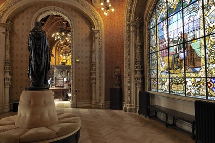 France, Seine Maritime, Pays de Caux, Cote d'Albatre, Fecamp, Benedictine Palace in Neo Gothic and Neo-Renaissance styles, stained glass depicting Alexander Le Grand the producer of the Benedictine herbal liquor