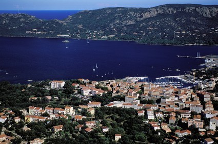 France, Corse du Sud, Porto Vecchio, old town overlooking the bay (aerial view)