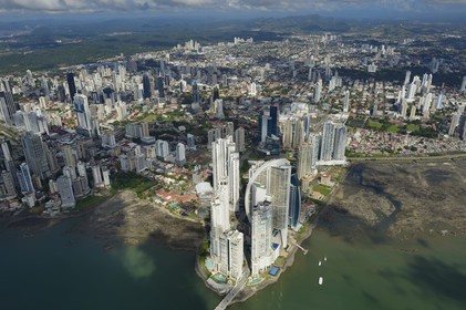 Panama, Panama City skyscrapers, Colon point and the Trump tower in foreground (aerial view)