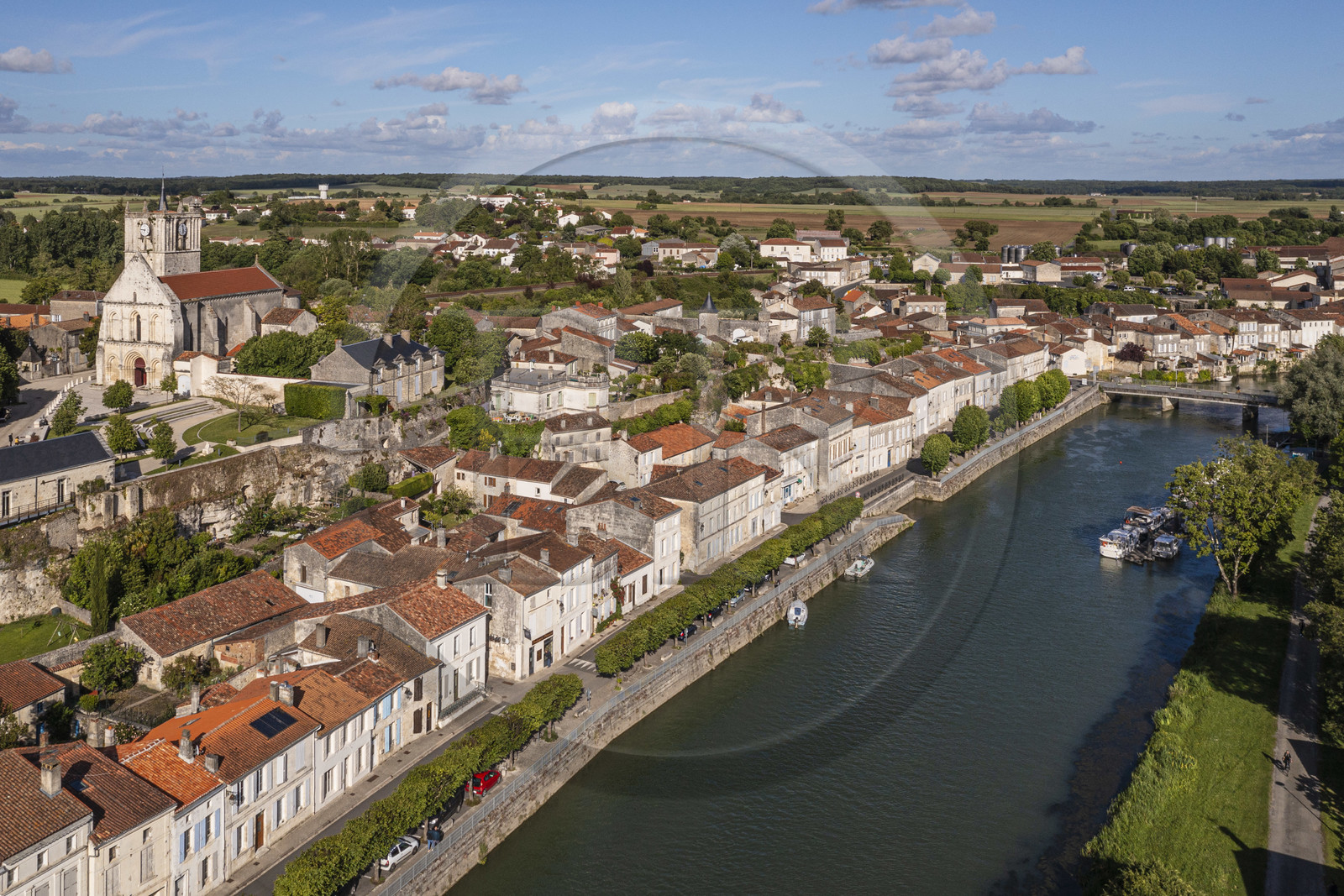 France, Charente-Maritime (17), Saintonge, Saint-Savinien, labellisé Villages de pierres et d'eau, le village au bord de la Charente (vue aérienne)