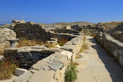 Greece, Cyclades islands, Delos, listed as World Heritage by UNESCO, the archaeological site of Delos, Apollo's Sanctuary, the most ancient city of the Aegean Sea, quarter of the Theatre