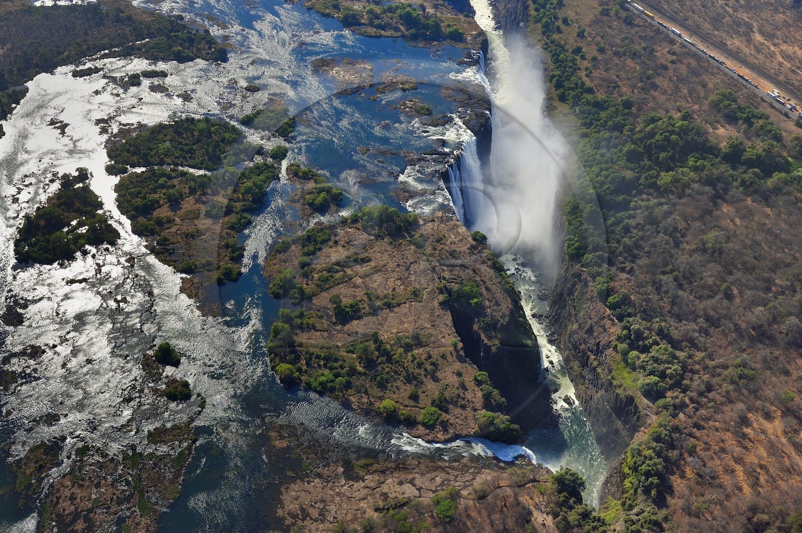 Zimbabwe, Matabeleland North Province,  Zambesi River, the Victoria Falls, listed as World Heritage by UNESCO (aerial view)