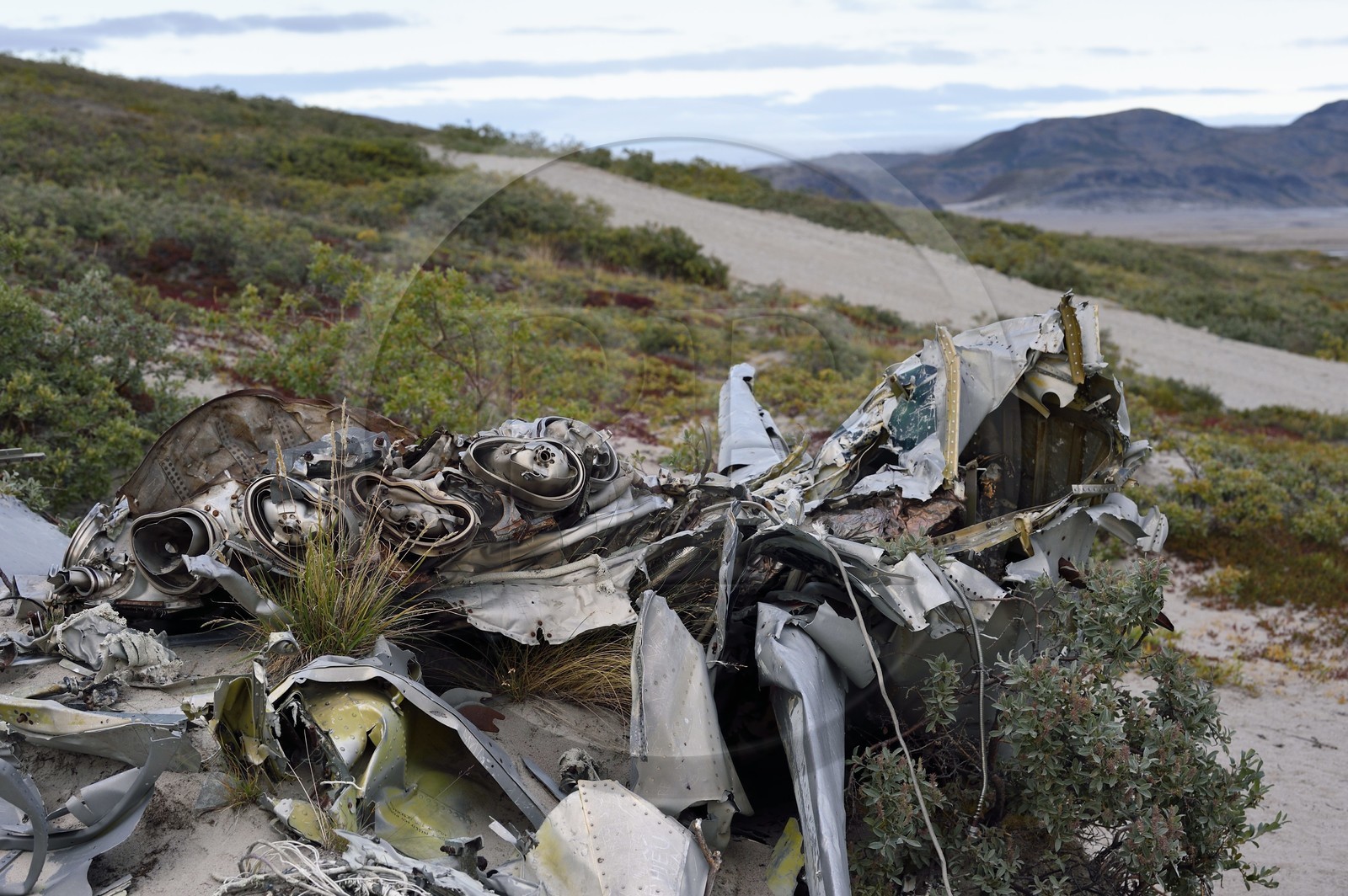 Groenland, région du centre ouest vers Kangerlussuaq, épave d'un Lockheed T-33 de l'US Air Force qui s'est écrasé en 1968