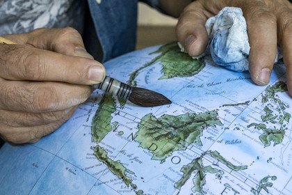 France, Charente, Cognac, handcrafted terrestrial globe painted in watercolor by Gabriel Gaborel creator of OrbisTerrae