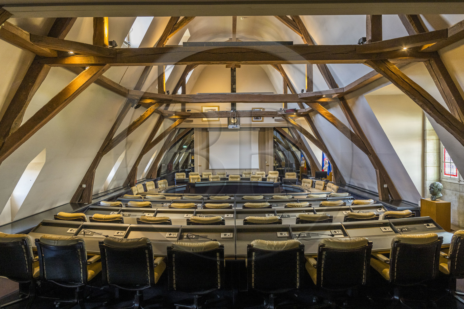 France, Nièvre (58), Nevers, la salle Pierre Bérégovoy où se réunit le Conseil Municipal installée sous la charpente médiévale du palais ducal, château des XVe et XVIe siècles, ancienne résidence des comtes et ducs de Nevers