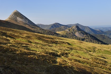 France, Cantal, Parc Naturel Régional des Volcans d'Auvergne (regional nature park of Auvergne volcanoes), Le Lioran, col de Rombiere overlooking the Jordanne valley on the Way of St. James to Santiago de Compostela by Via Arverna, in the background the Puy Griou emerging on the left and the Griounou on its right