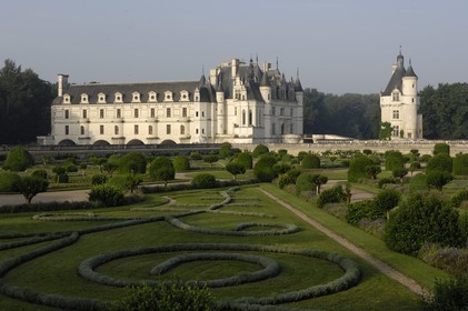 France, Indre et Loire, french formal garden also called jardin à la française from the Chateau de Chenonceau of Renaissance style built between 1513 and 1522 and the tour des Marques