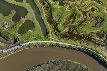 France, Vendée (85), Talmont-Saint-Hilaire, marais de la Guittière dans l'arrière pays de la Pointe du Payré, passage du Cul d’Ane, marais aménagés pour la pisciculture de dorades, mulets et anguilles (vue aérienne)