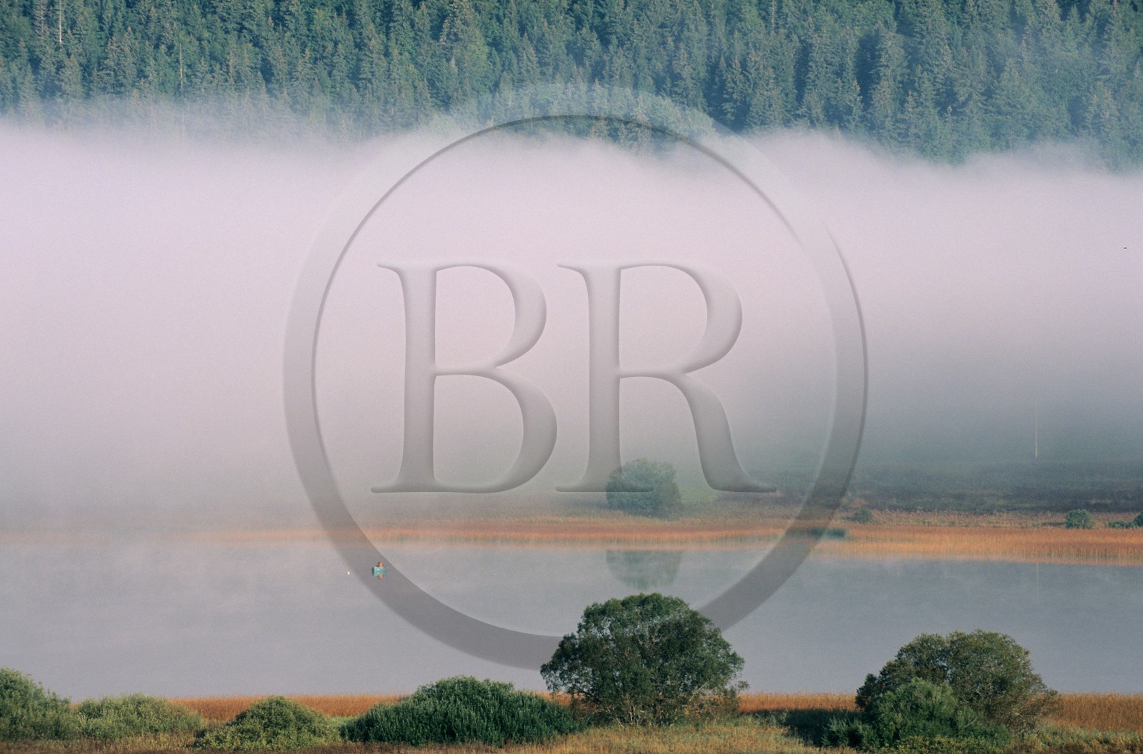 France, Doubs (25), pêcheurs sur le lac de Saint-Point dans le brume du petit matin