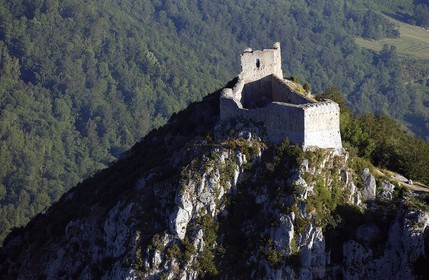France, Ariege, Pays d' Olmes, Cathar Castle of Montsegur perched on rock (aerial view)