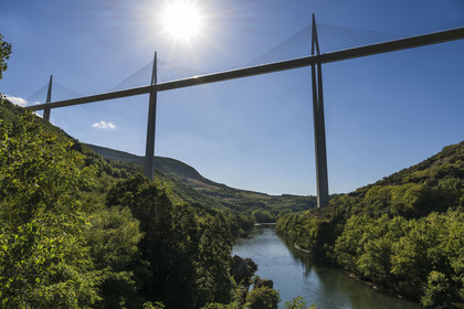 France, Aveyron, Grands Causses regional natural park, Millau, the Millau viaduct by architects Michel Virlogeux and Norman Foster, above the Tarn river