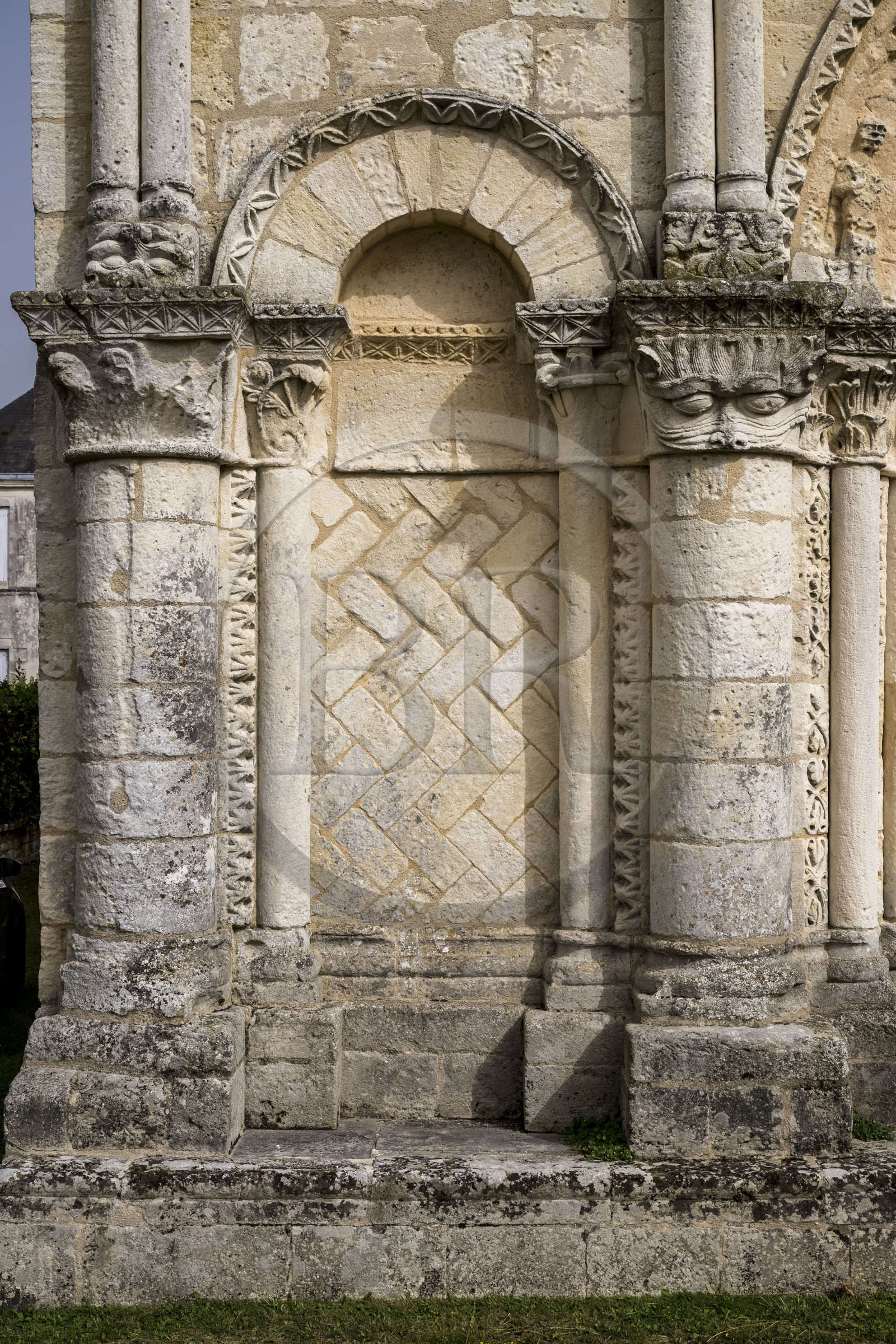 France, Charente Maritime, Echillais, the 12th century Romanesque church of Notre-Dame, classified as a historic monument, the Grand'Goule, one of the capitals of the western facade