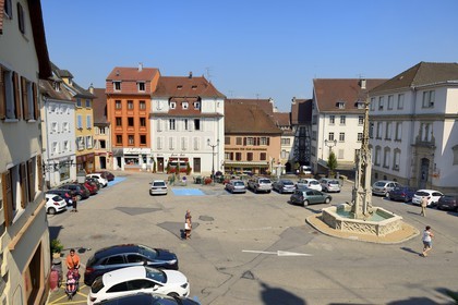 France, Haut-Rhin (68), Sundgau, Altkirch, la fontaine de la Vierge sur la place de la République