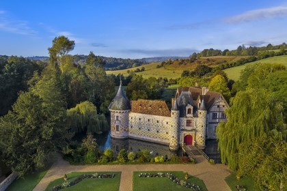France, Calvados, Pays d'Auge, 15th and 16th century Saint Germain de Livet Castle labeled Museum of France (aerial view)