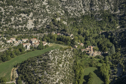 France, Herault, the Causses and the Cevennes, Mediterranean agro pastoral cultural landscape, listed as World Heritage by UNESCO, Saint Maurice Navacelles, Cirque de Navacelles, the rock of the Virgin is surrounded by a oxbow of the river La Vis
