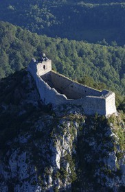France, Ariege, Pays d' Olmes, Cathar Castle of Montsegur perched on rock (aerial view)