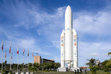 France, French Guiana, Kourou, Guiana Space Centre (Centre spatial guyanais, CSG) also called Europe's Spaceport, life-size replica of the Ariane V rocket
