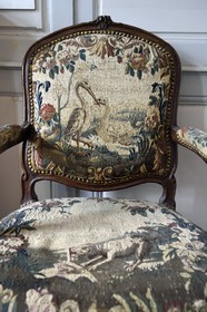 France, Aisne, Château-Thierry, Jean de La Fontaine Museum - city of Chateau-Thierry in the birthplace of the poet and writer, Louis XV armchair covered with Aubusson tapestry representing a Fable